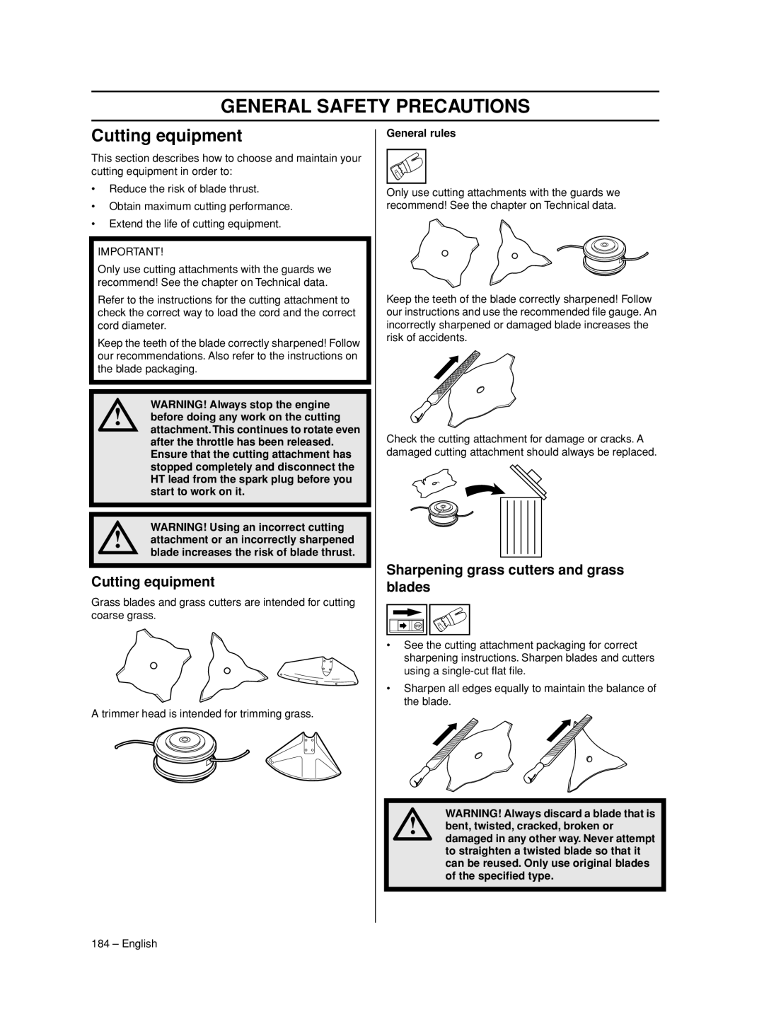 Husqvarna 233RJ manual Cutting equipment, Sharpening grass cutters and grass blades, General rules 