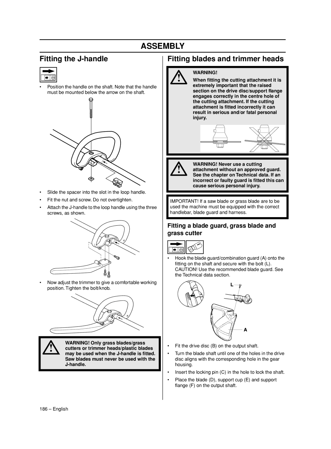 Husqvarna 233RJ manual Assembly, Fitting the J-handle, Fitting blades and trimmer heads 