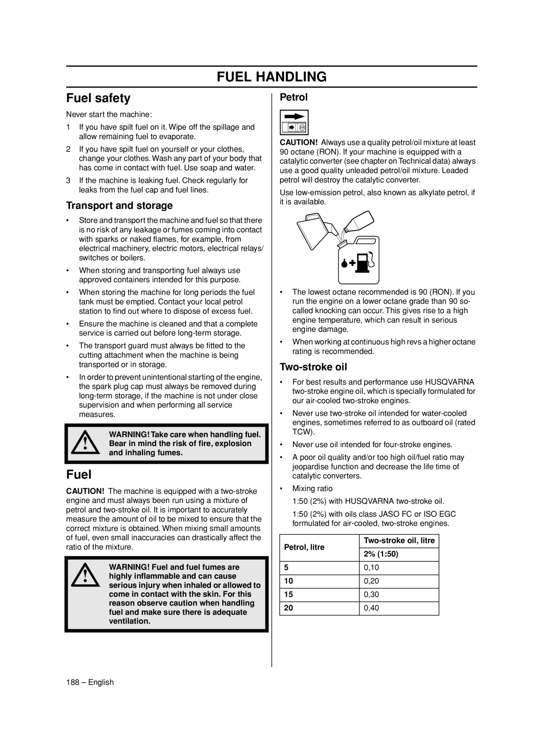 Husqvarna 233RJ manual Fuel Handling, Fuel safety 