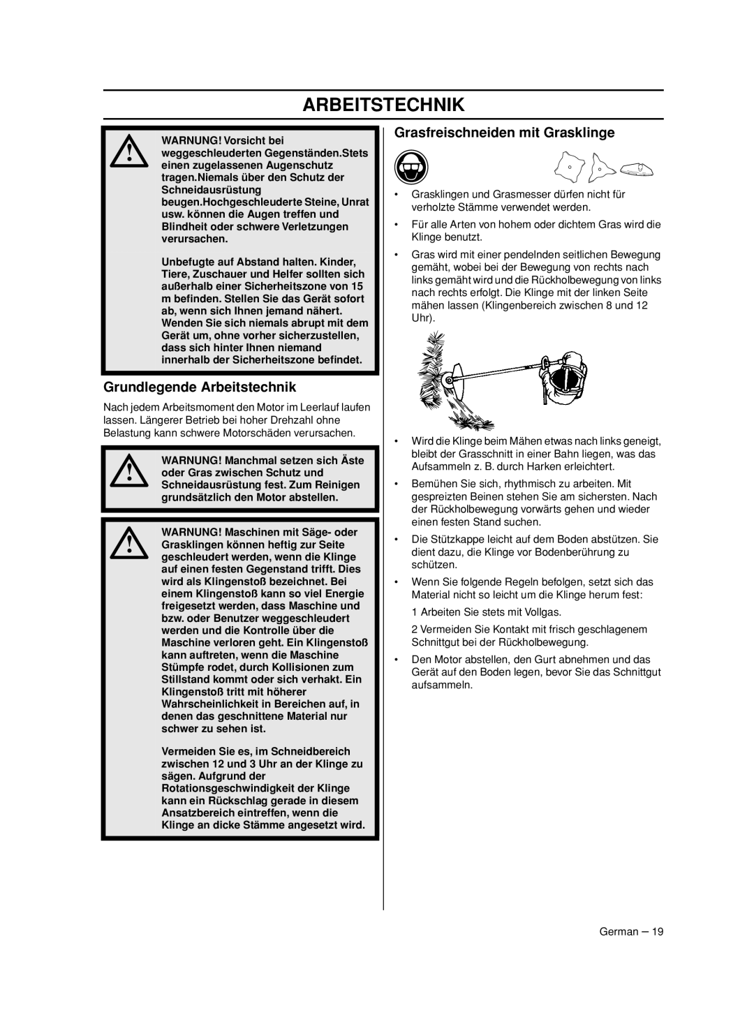 Husqvarna 233RJ manual Grundlegende Arbeitstechnik, Grasfreischneiden mit Grasklinge 