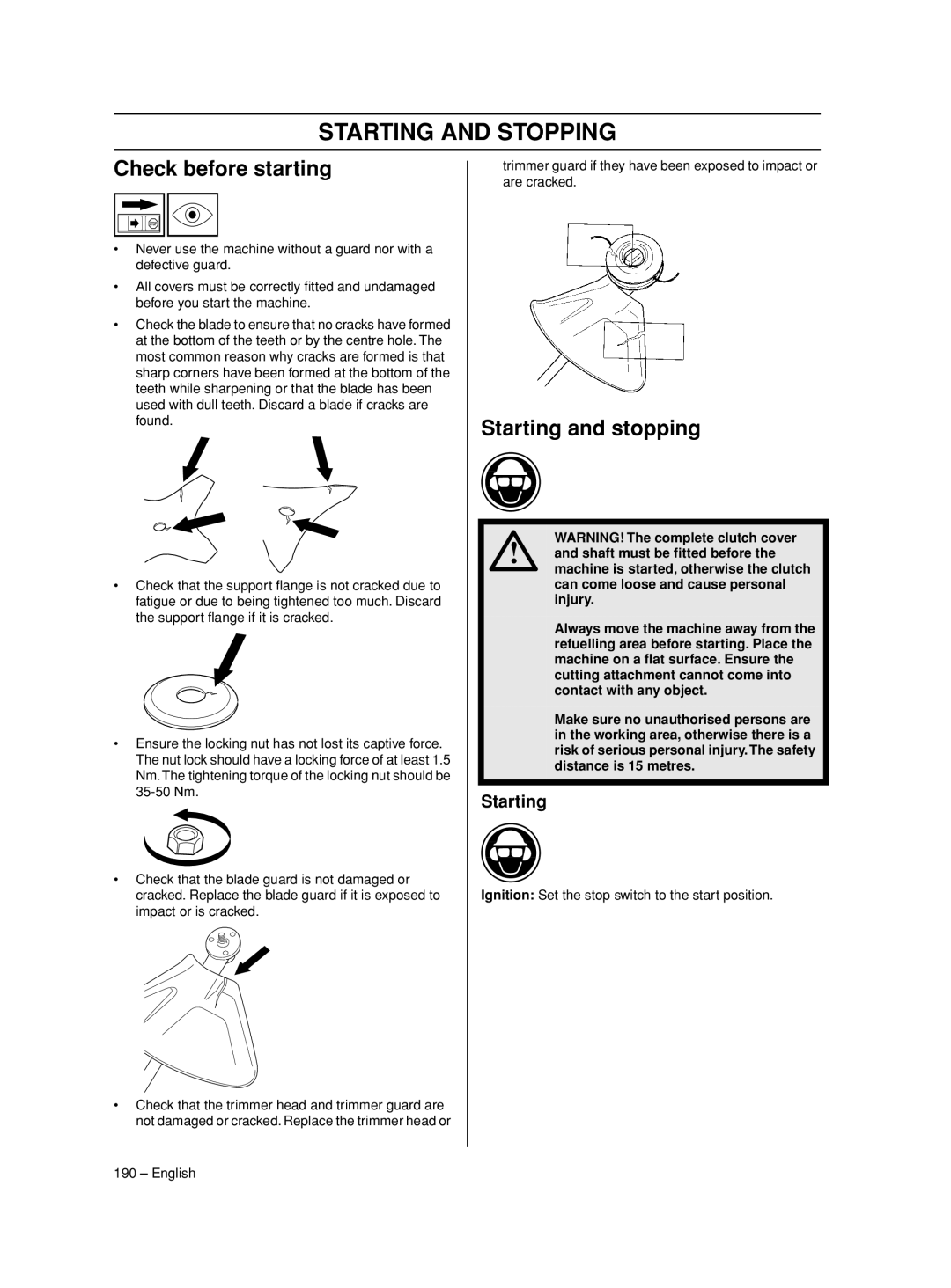 Husqvarna 233RJ manual Starting and Stopping, Check before starting, Starting and stopping 