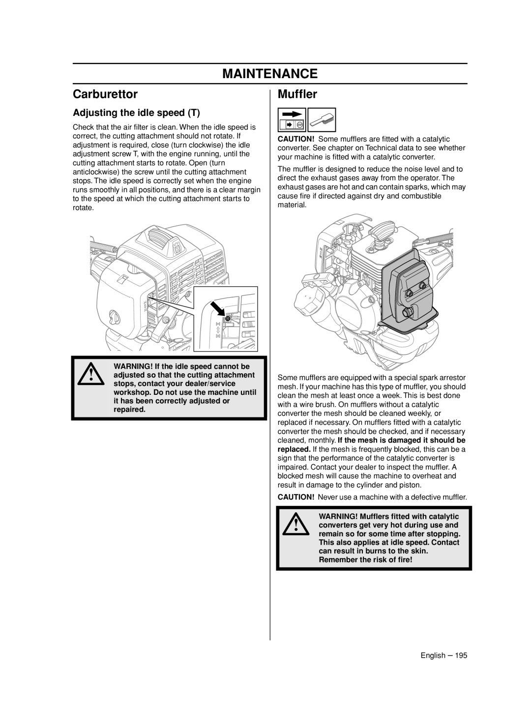 Husqvarna 233RJ manual Maintenance, Carburettor, Mufﬂer, Adjusting the idle speed T 