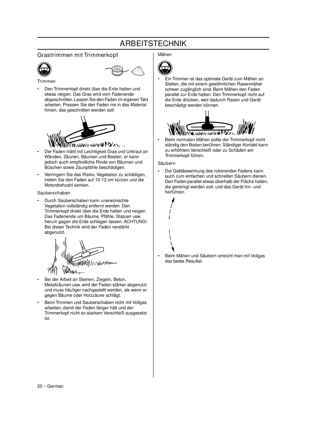 Husqvarna 233RJ manual Grastrimmen mit Trimmerkopf, Trimmen, Sauberschaben, Mähen, Säubern 