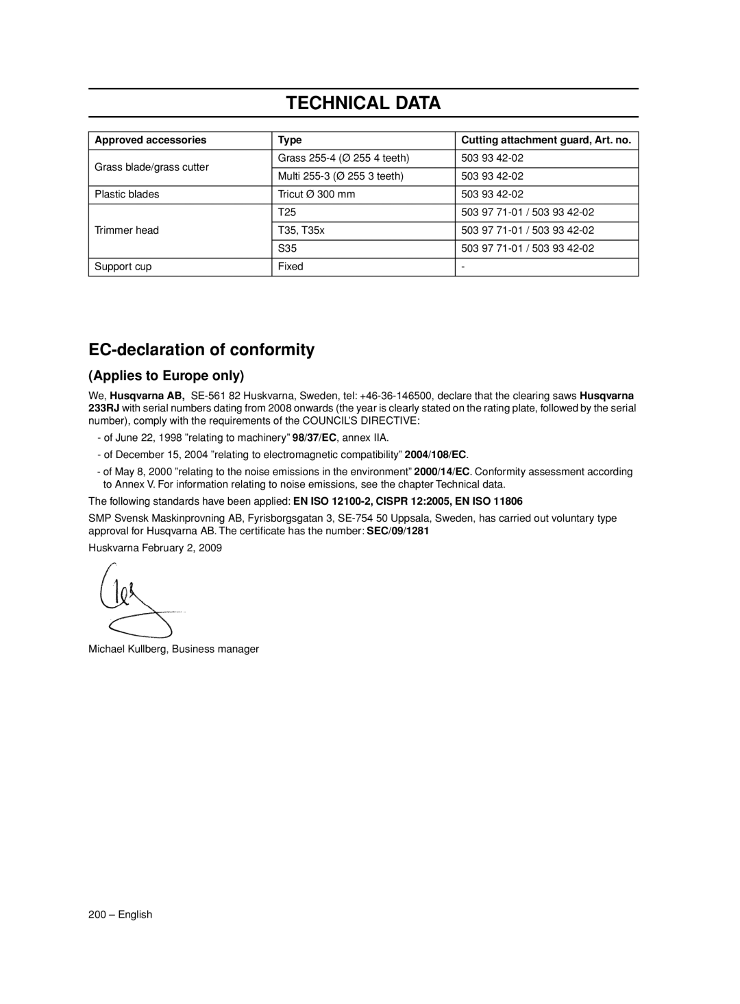 Husqvarna 233RJ manual EC-declaration of conformity, Applies to Europe only 