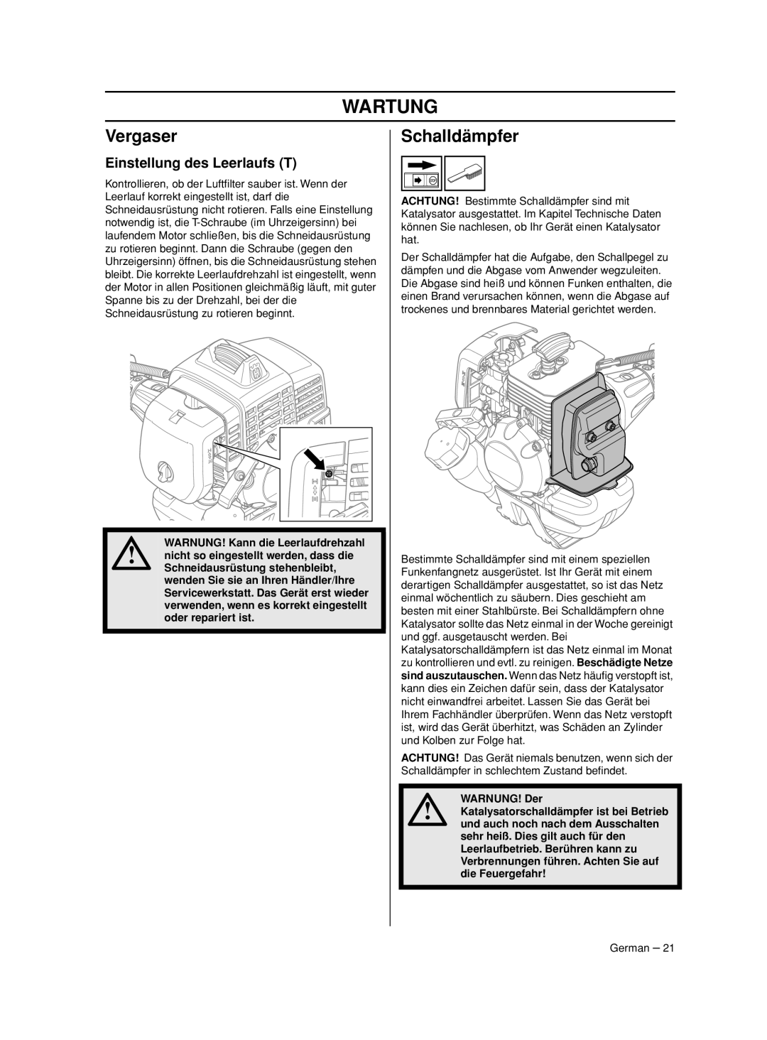 Husqvarna 233RJ manual Wartung, Vergaser, Schalldämpfer, Einstellung des Leerlaufs T 