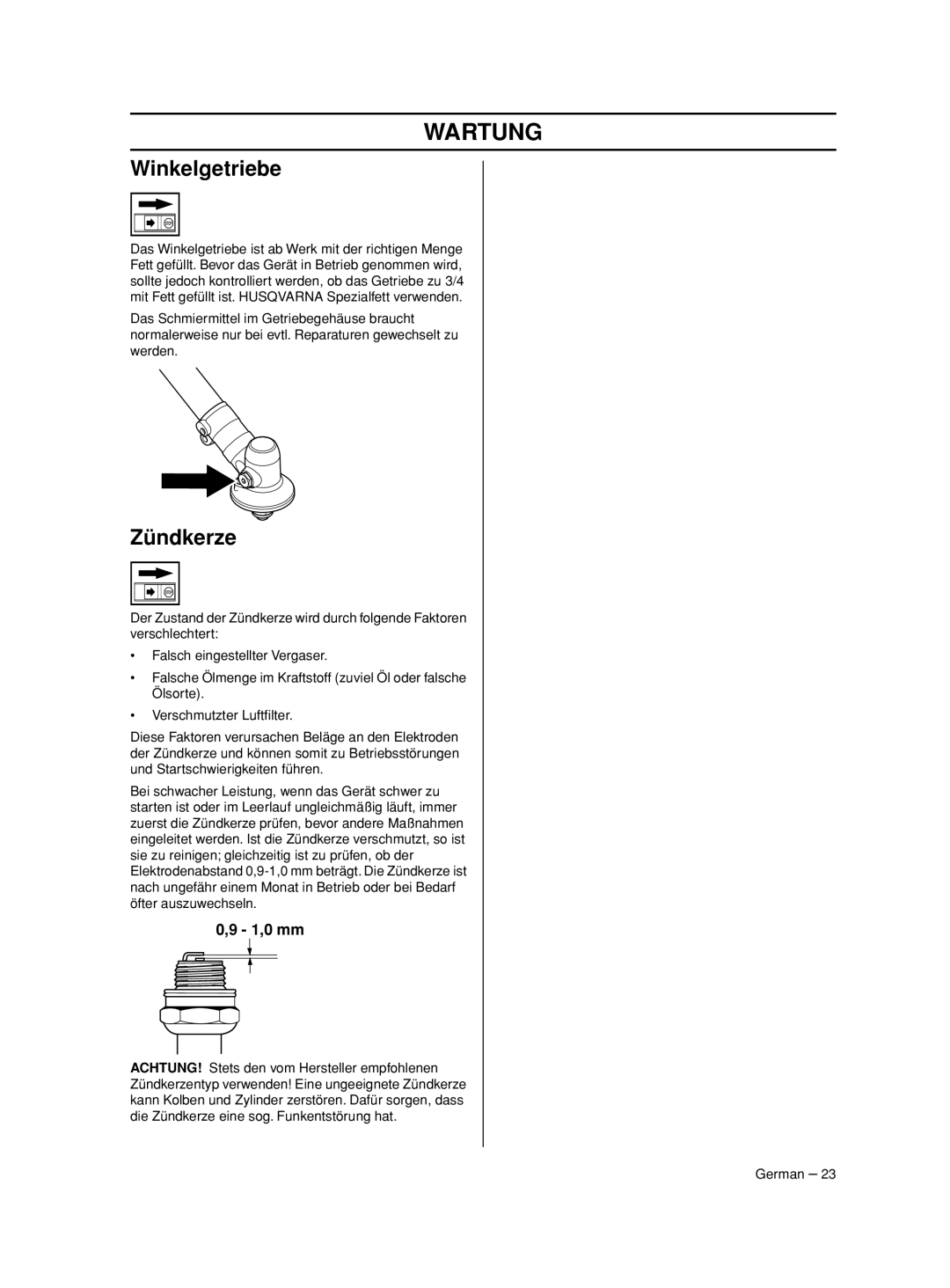 Husqvarna 233RJ manual Winkelgetriebe, Zündkerze 