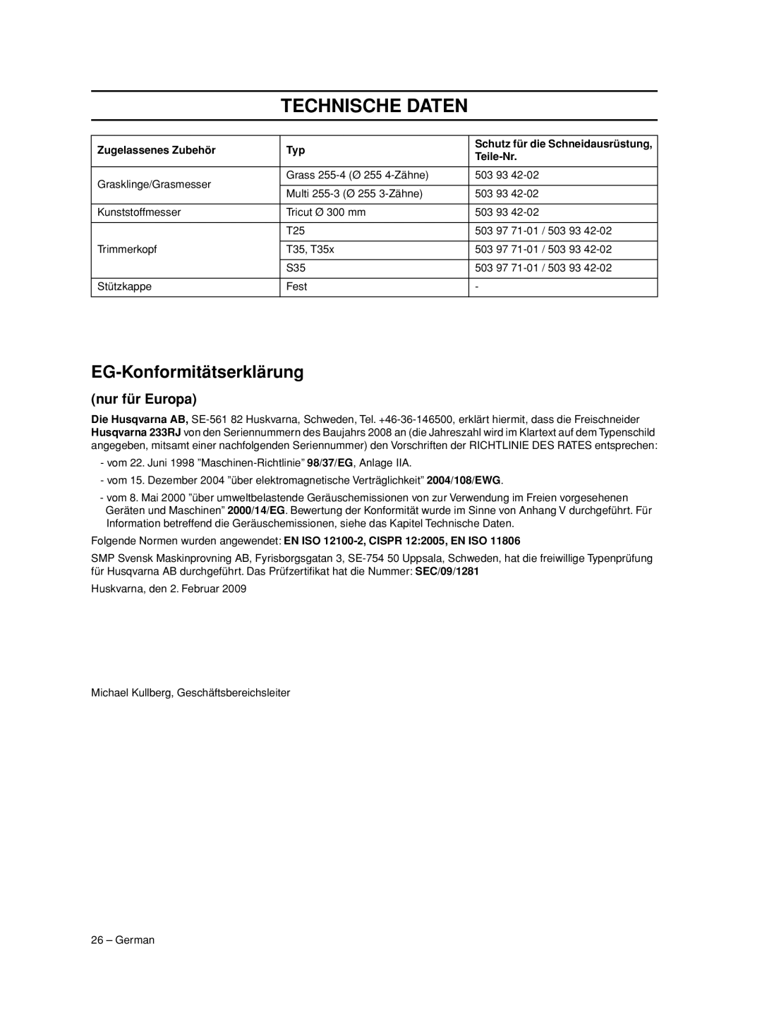 Husqvarna 233RJ manual EG-Konformitätserklärung, Nur für Europa 