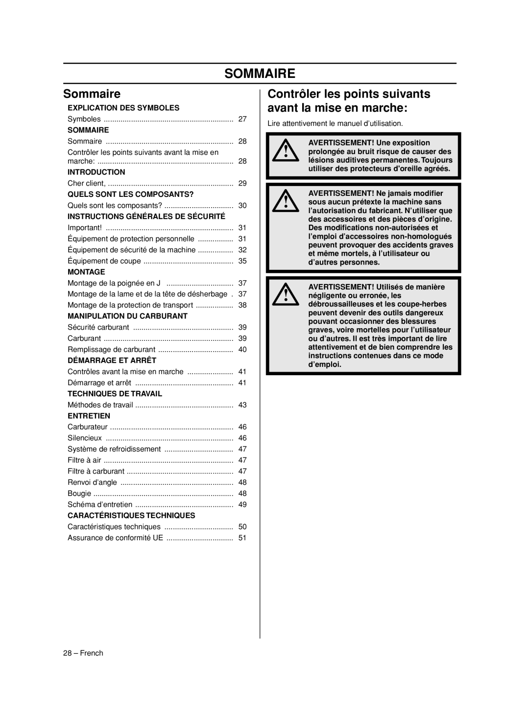 Husqvarna 233RJ manual Sommaire, Contrôler les points suivants avant la mise en marche 