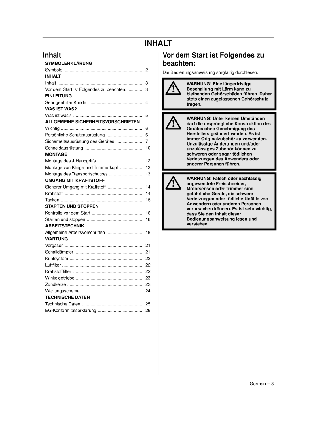 Husqvarna 233RJ manual Inhalt, Vor dem Start ist Folgendes zu beachten 