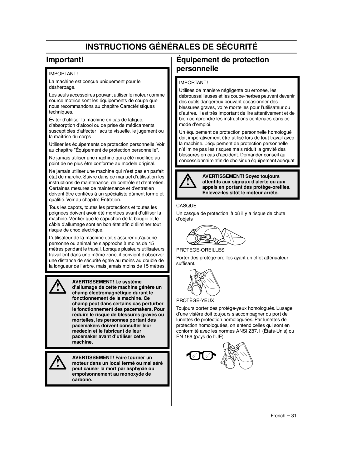 Husqvarna 233RJ manual Instructions Générales DE Sécurité, Équipement de protection personnelle, Casque, Protège-Oreilles 