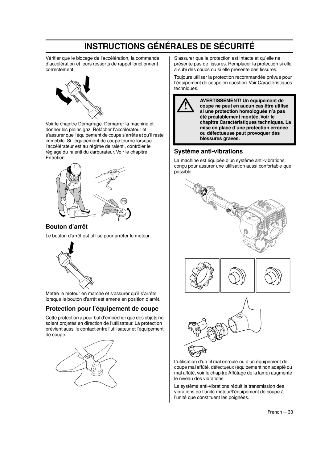 Husqvarna 233RJ manual Bouton d’arrêt, Protection pour l’équipement de coupe, Système anti-vibrations 