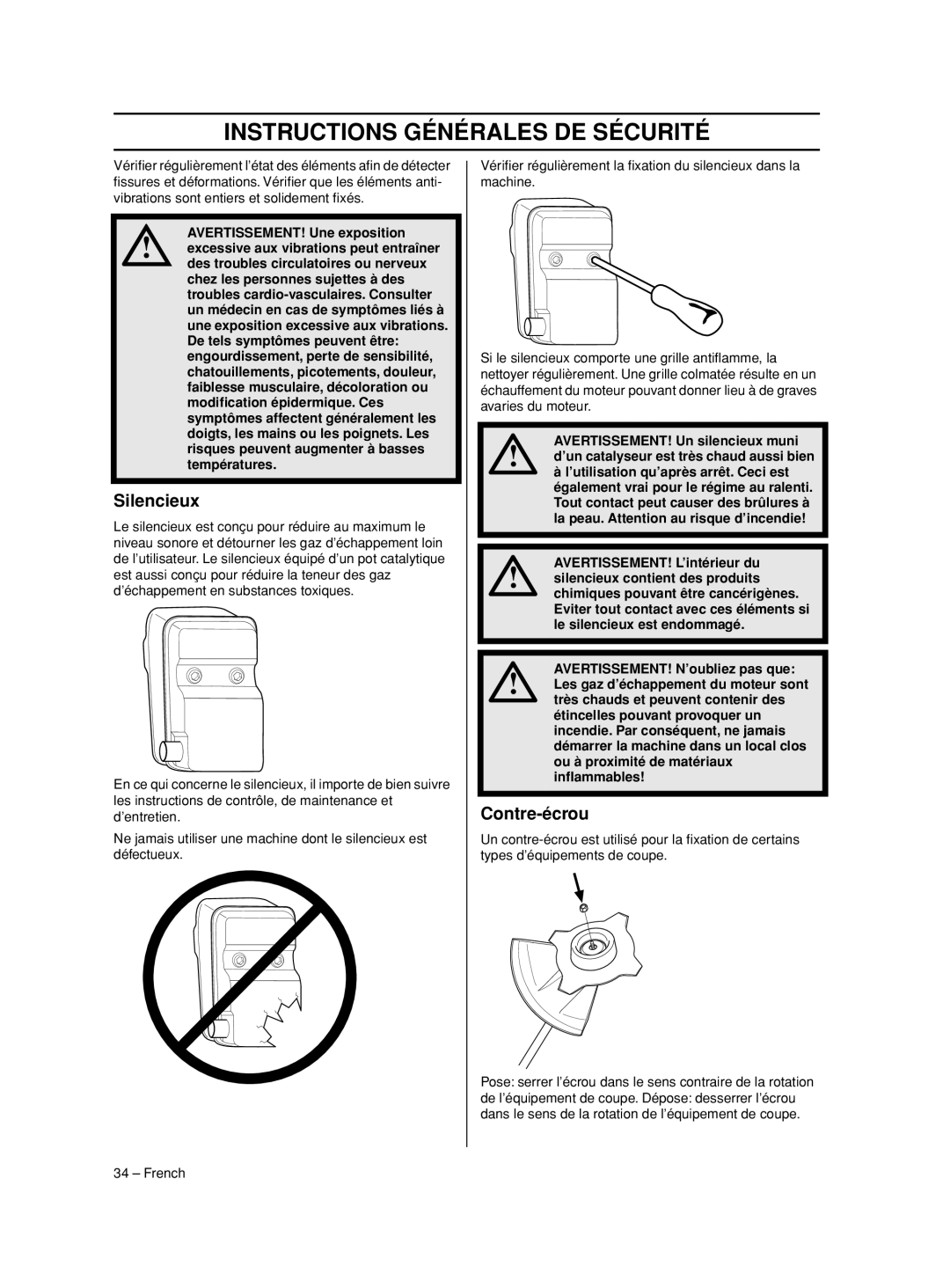 Husqvarna 233RJ manual Silencieux, Contre-écrou 