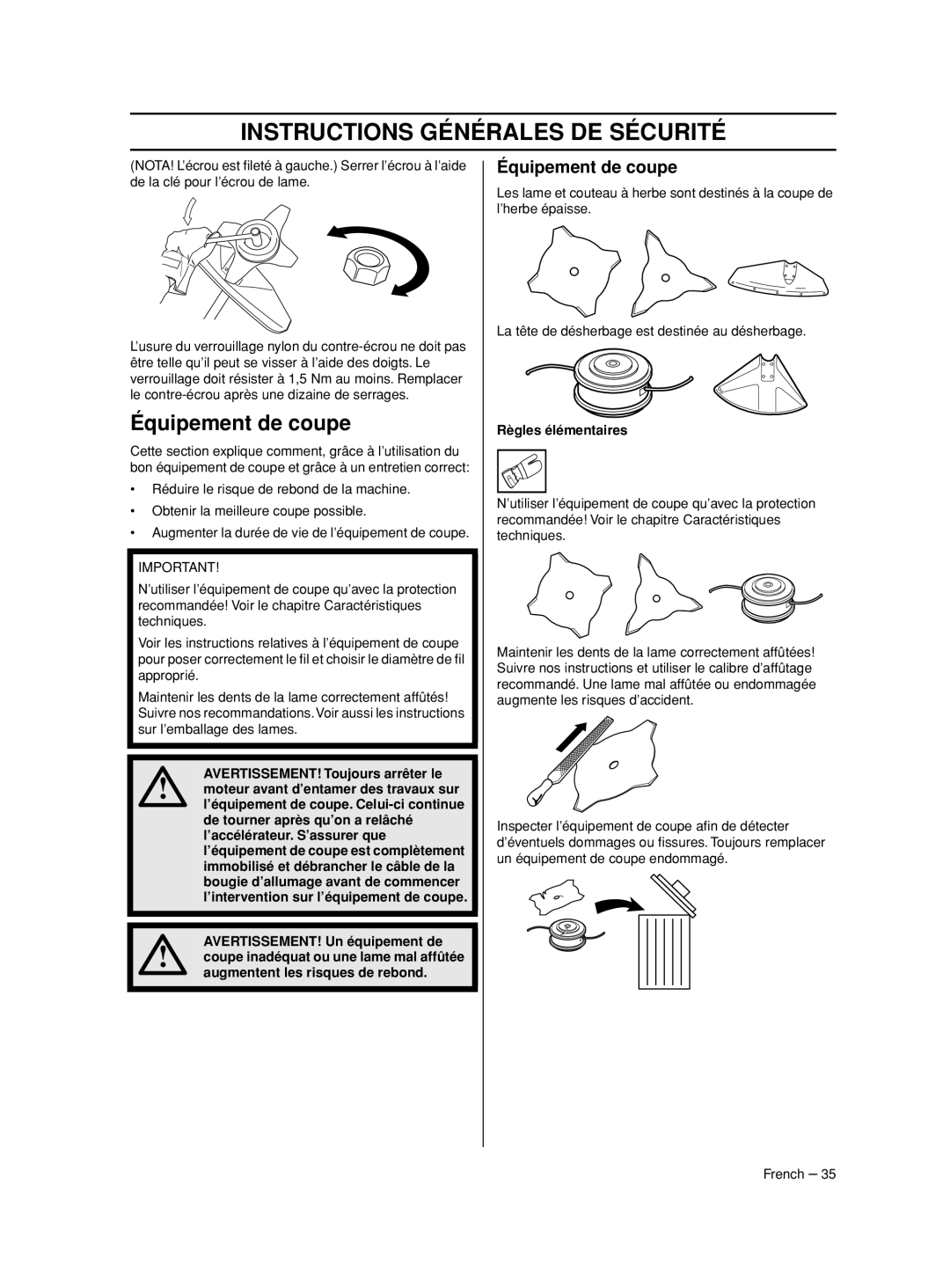 Husqvarna 233RJ manual Équipement de coupe 