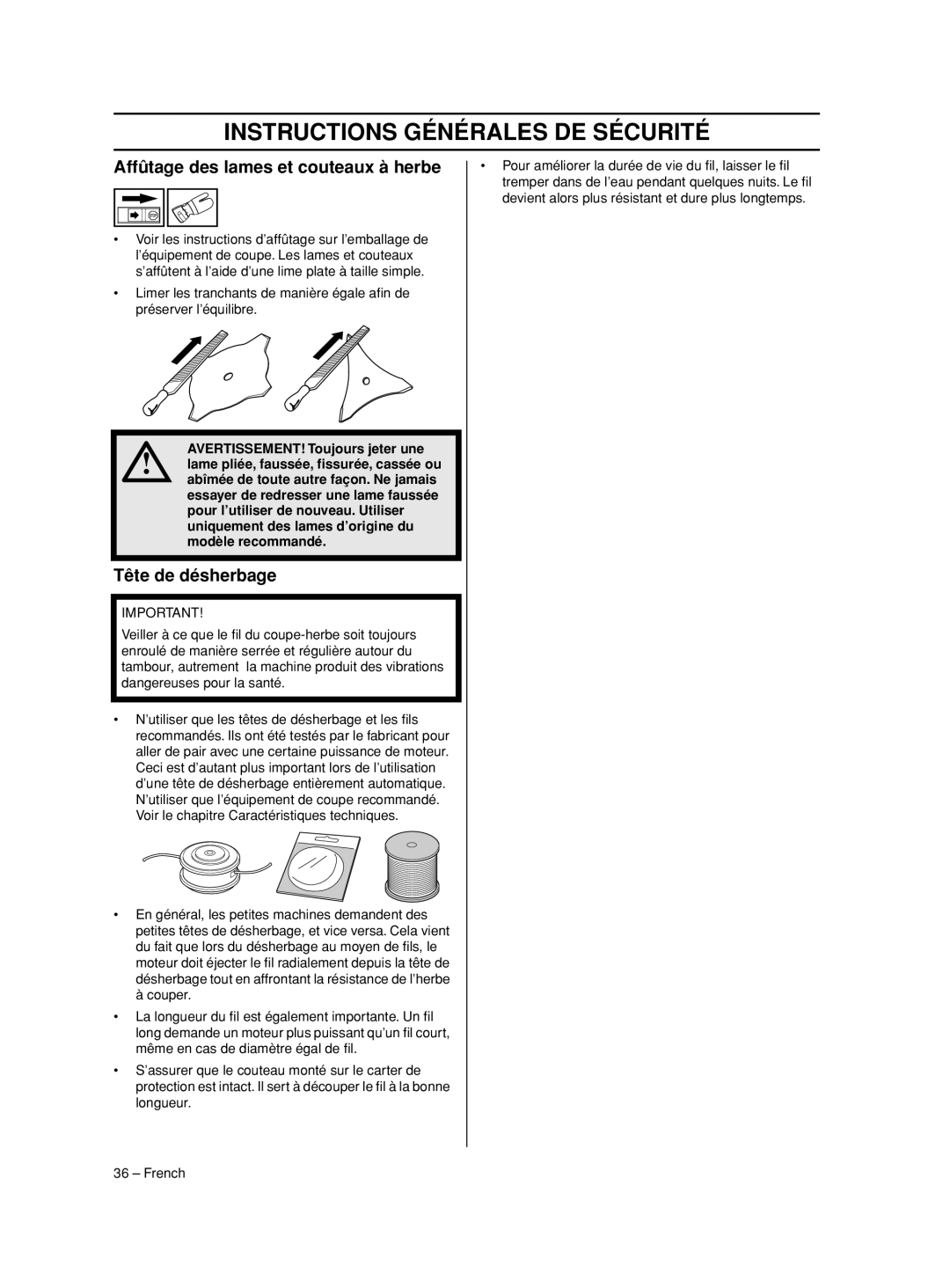 Husqvarna 233RJ manual Affûtage des lames et couteaux à herbe, Tête de désherbage 