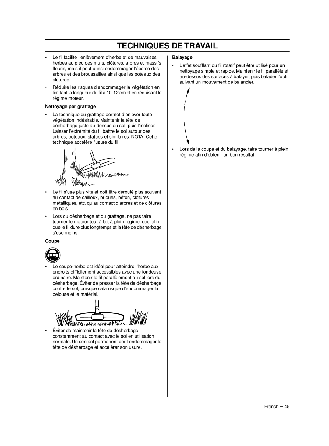 Husqvarna 233RJ manual Nettoyage par grattage, Coupe, Balayage 