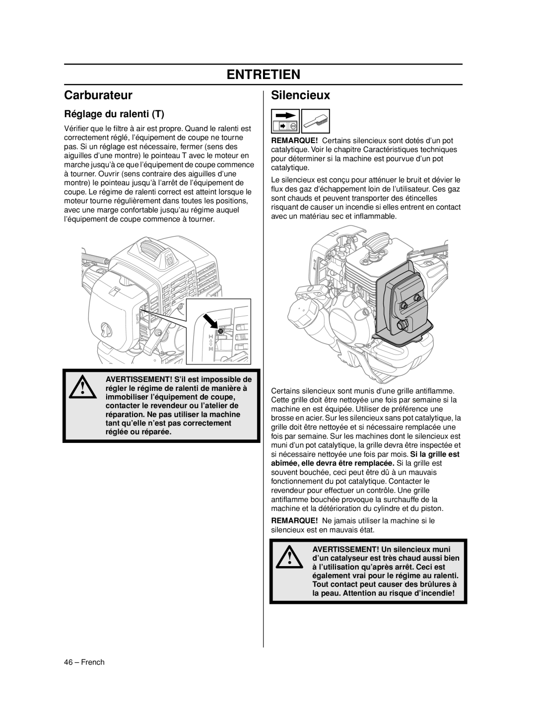 Husqvarna 233RJ manual Entretien, Carburateur, Silencieux, Réglage du ralenti T 