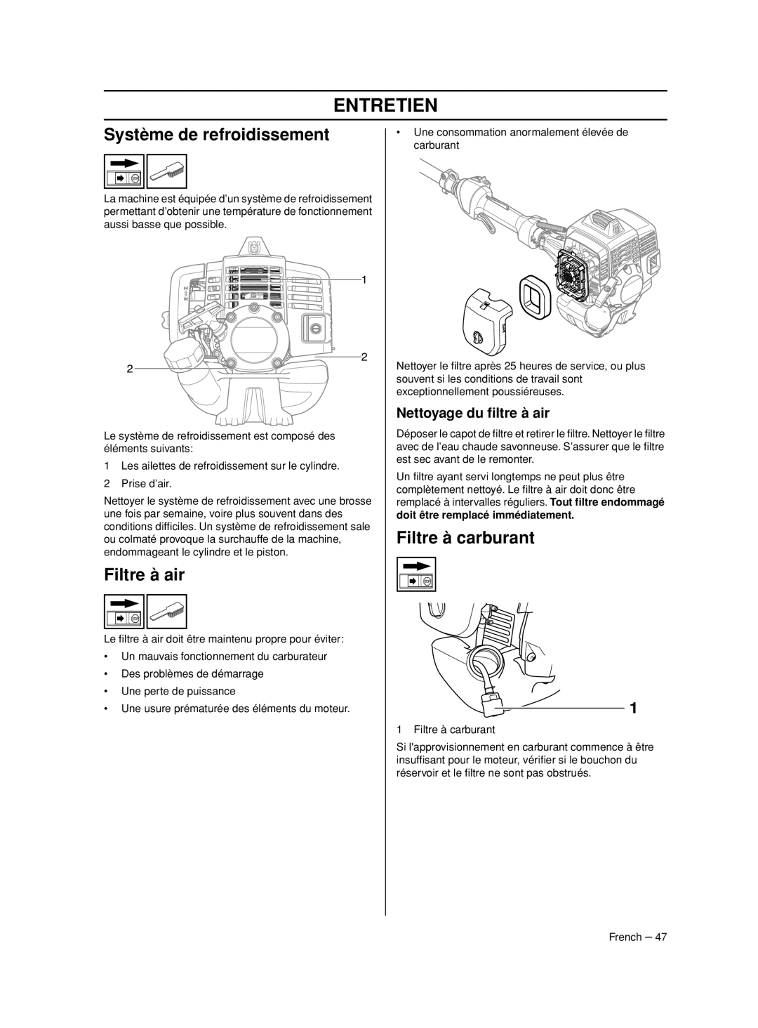 Husqvarna 233RJ manual Système de refroidissement, Filtre à air, Filtre à carburant, Nettoyage du ﬁltre à air 