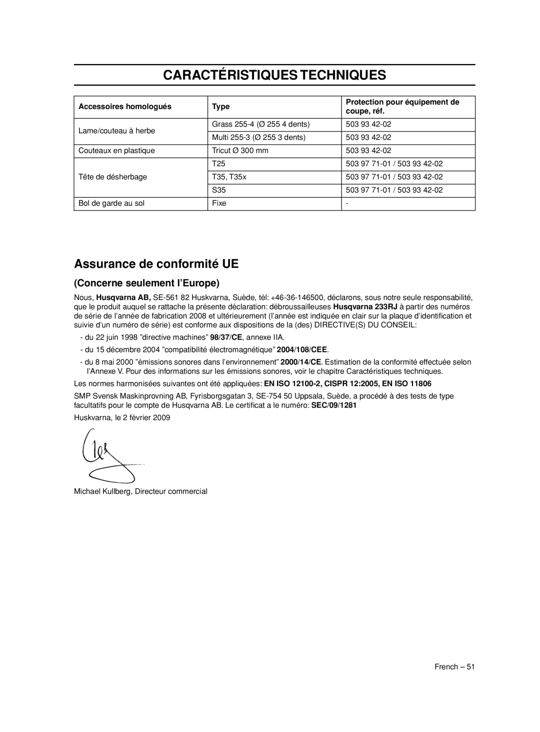 Husqvarna 233RJ manual Assurance de conformité UE, Concerne seulement l’Europe 