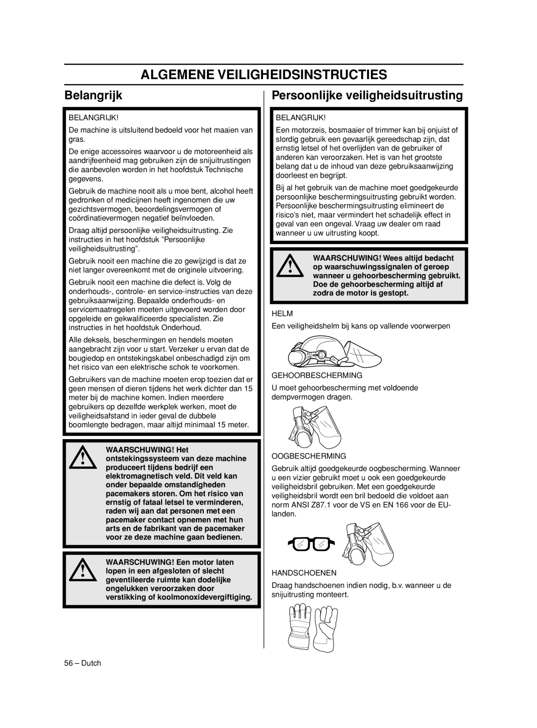 Husqvarna 233RJ manual Algemene Veiligheidsinstructies, Belangrijk, Persoonlijke veiligheidsuitrusting 