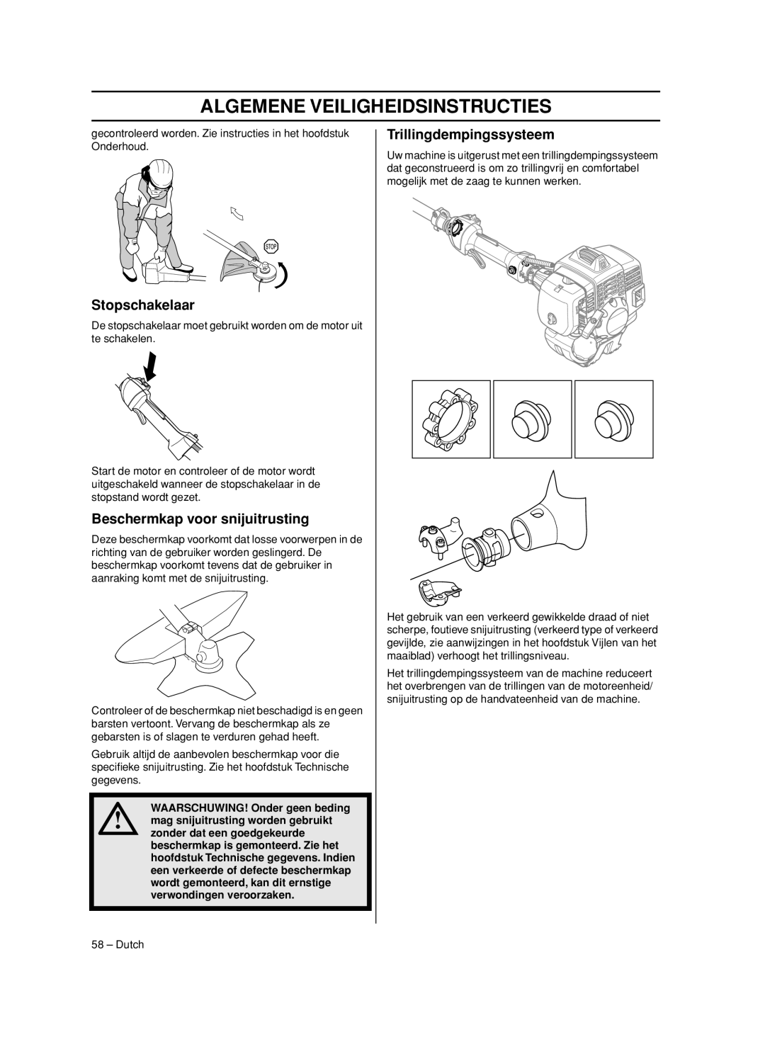 Husqvarna 233RJ manual Stopschakelaar, Beschermkap voor snijuitrusting, Trillingdempingssysteem 