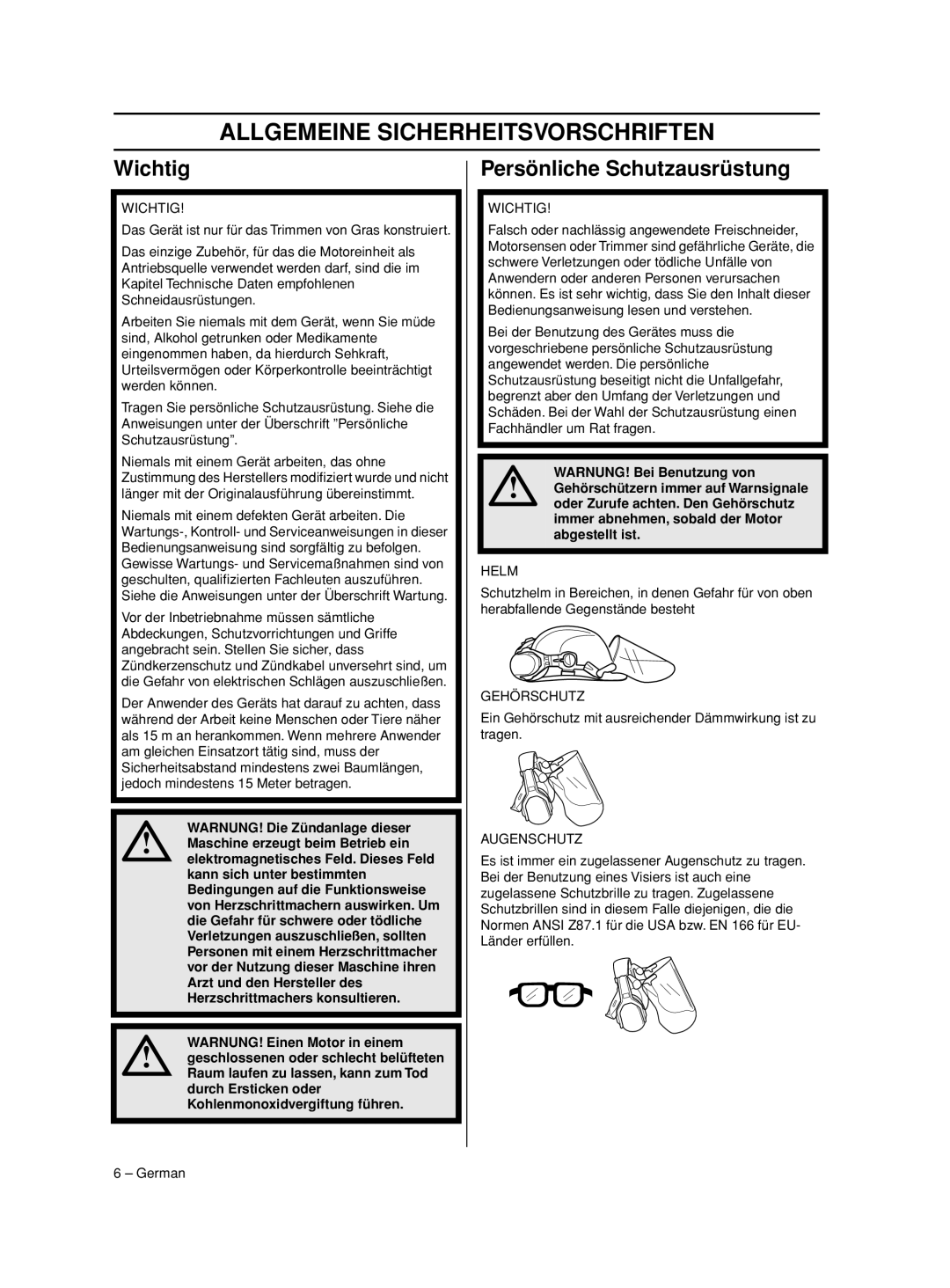 Husqvarna 233RJ manual Allgemeine Sicherheitsvorschriften, Wichtig, Persönliche Schutzausrüstung 