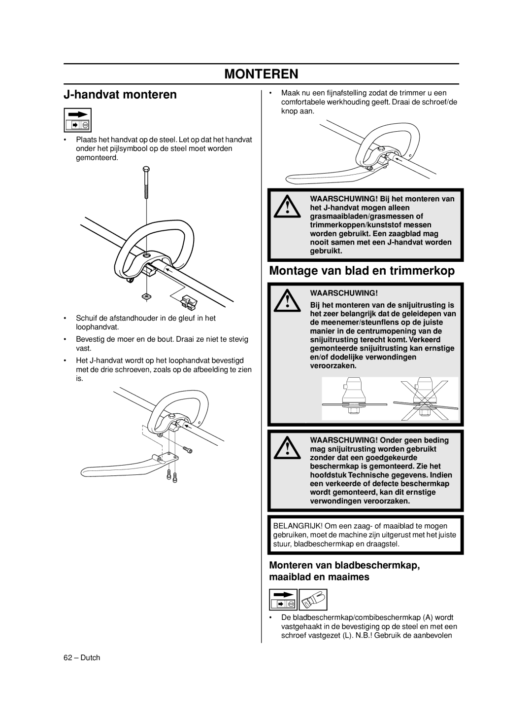 Husqvarna 233RJ manual Monteren, Handvat monteren, Montage van blad en trimmerkop 