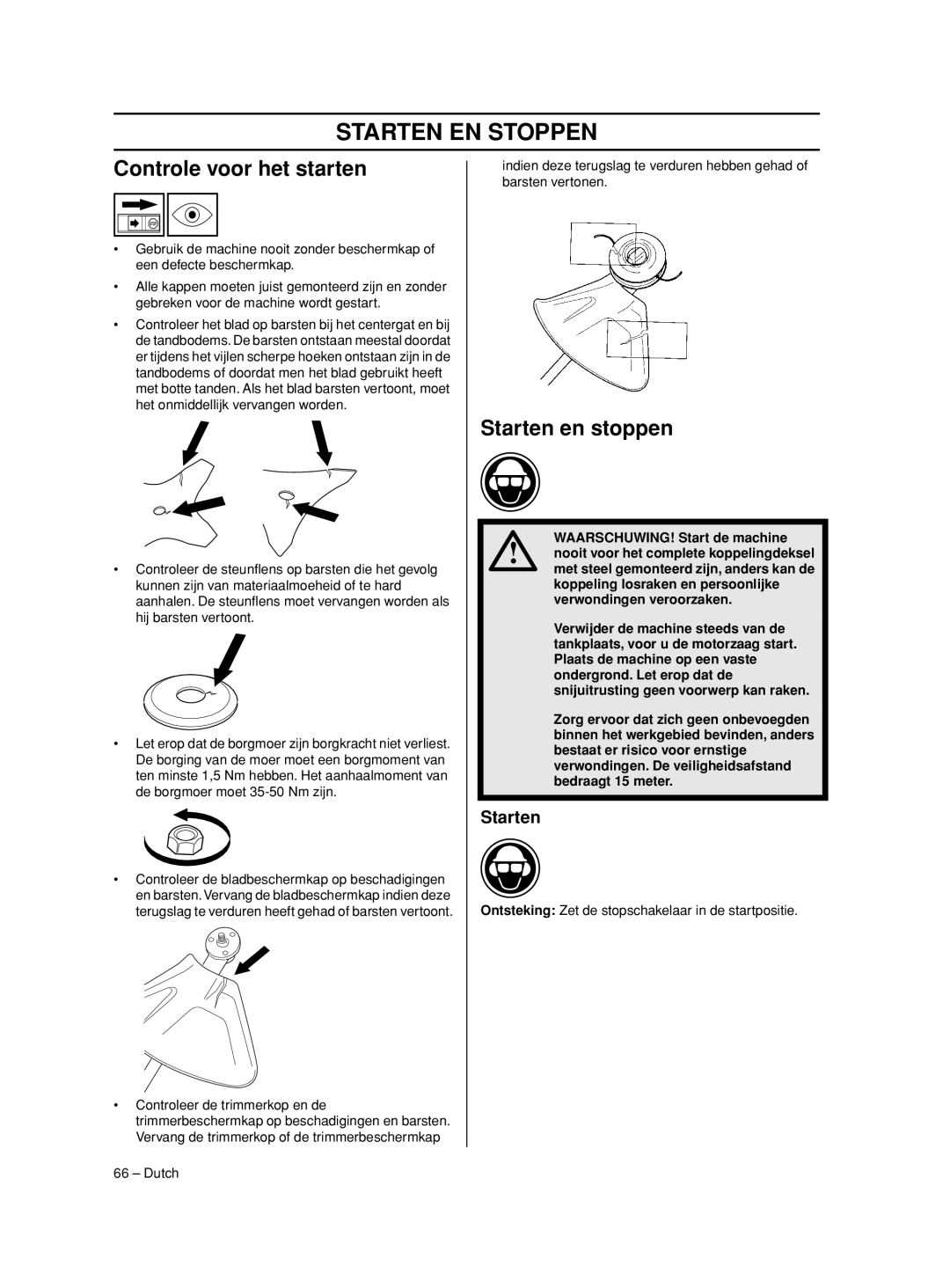 Husqvarna 233RJ manual Starten EN Stoppen, Controle voor het starten, Starten en stoppen 