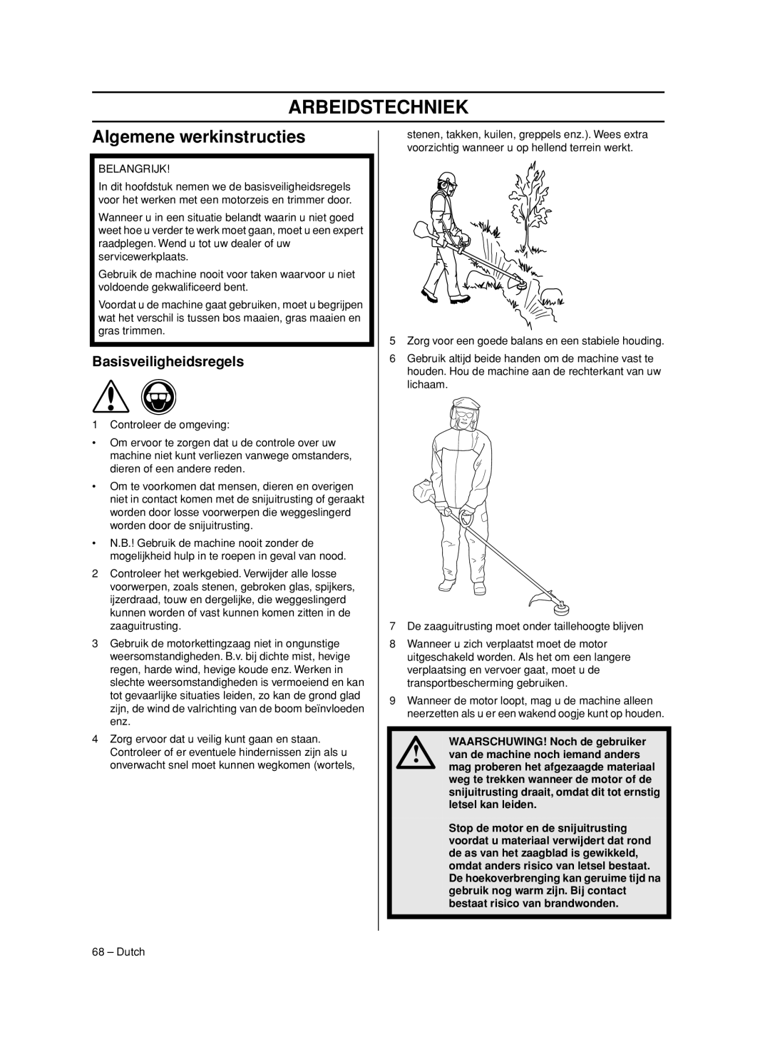 Husqvarna 233RJ manual Arbeidstechniek, Algemene werkinstructies, Basisveiligheidsregels 