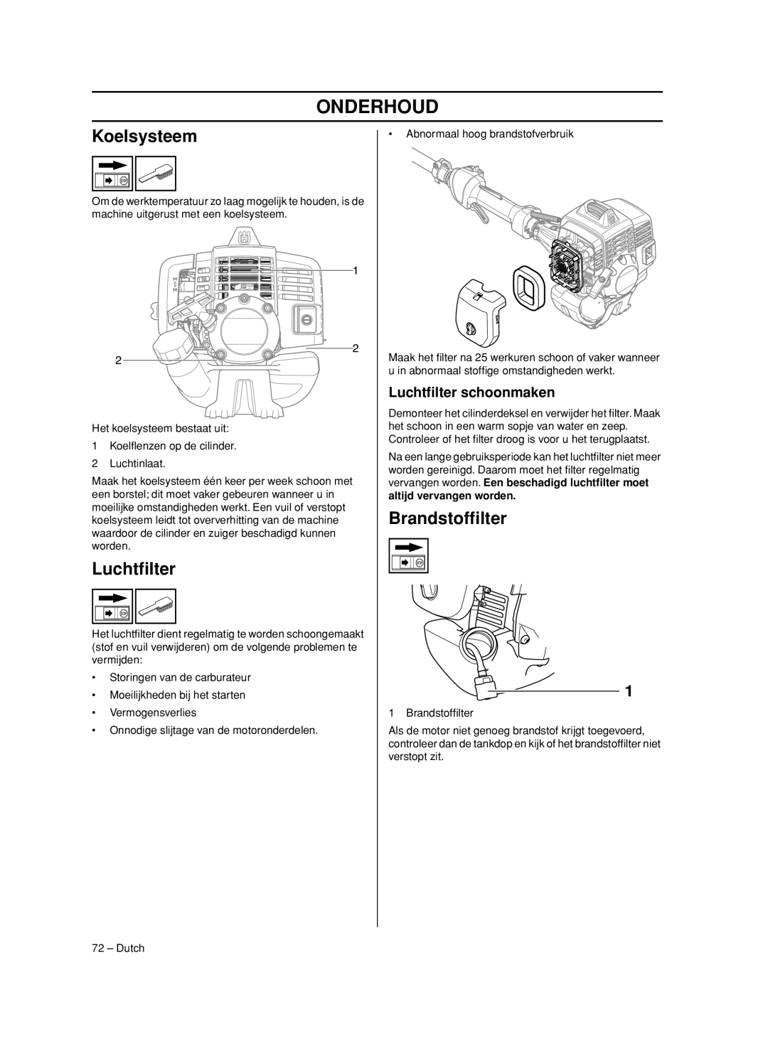 Husqvarna 233RJ manual Koelsysteem, Brandstofﬁlter, Luchtﬁlter schoonmaken 