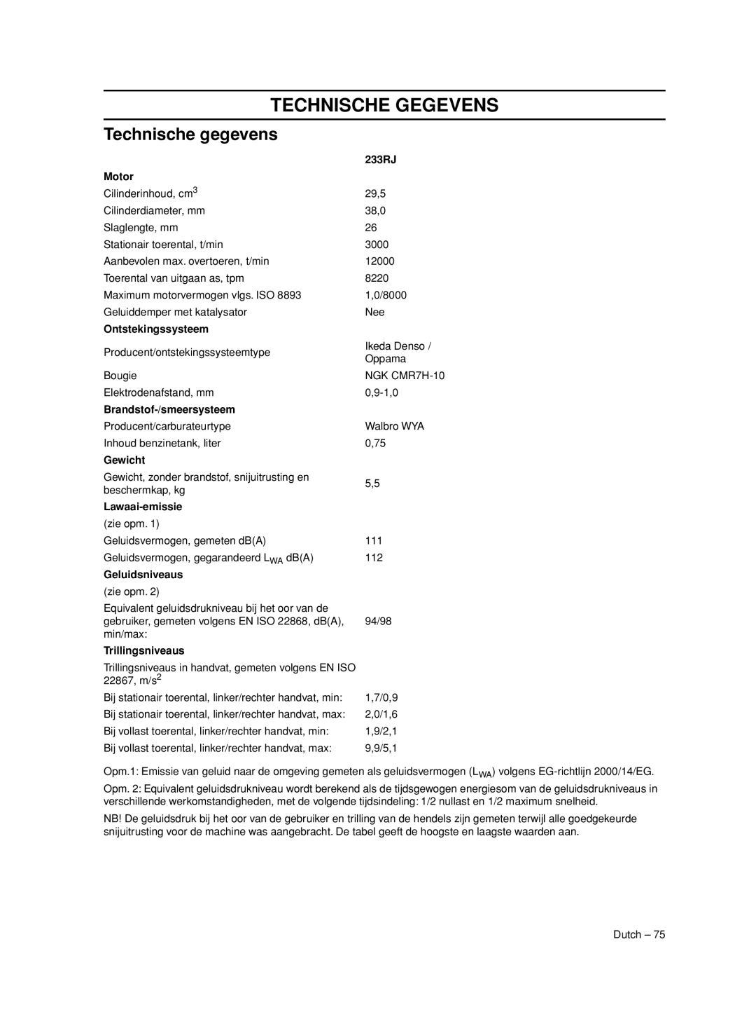 Husqvarna 233RJ manual Technische Gegevens, Technische gegevens 