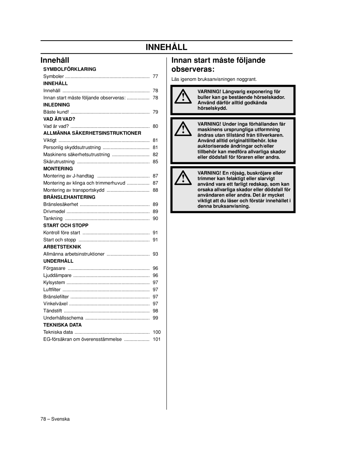 Husqvarna 233RJ manual Innehåll, Innan start måste följande observeras 