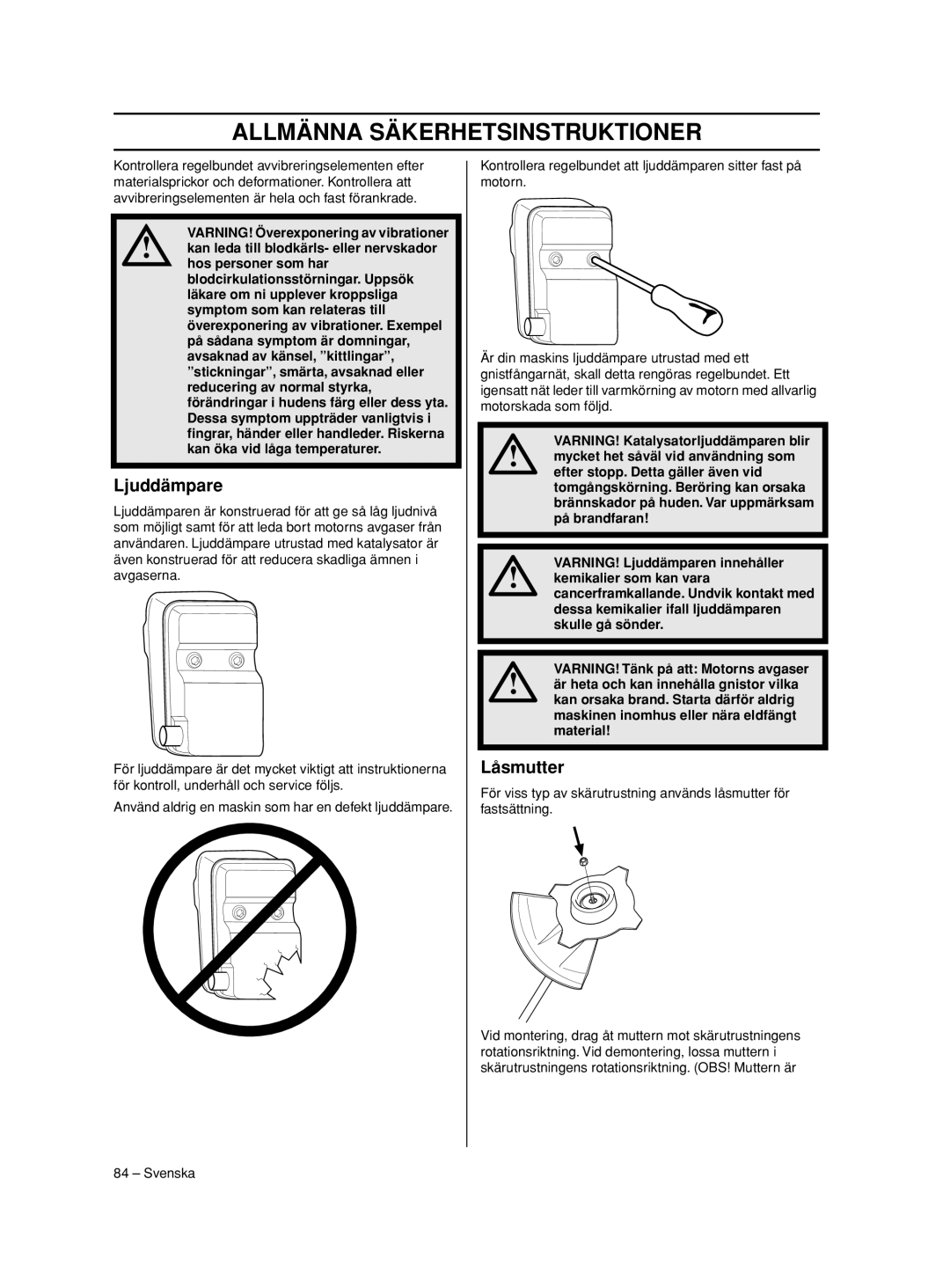 Husqvarna 233RJ manual Ljuddämpare, Låsmutter 