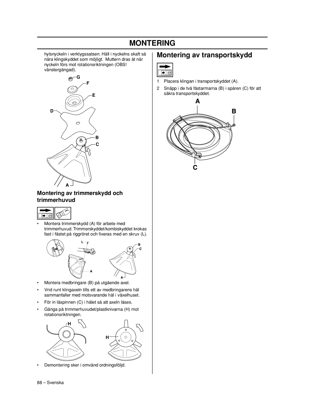 Husqvarna 233RJ manual Montering av transportskydd, Montering av trimmerskydd och trimmerhuvud 