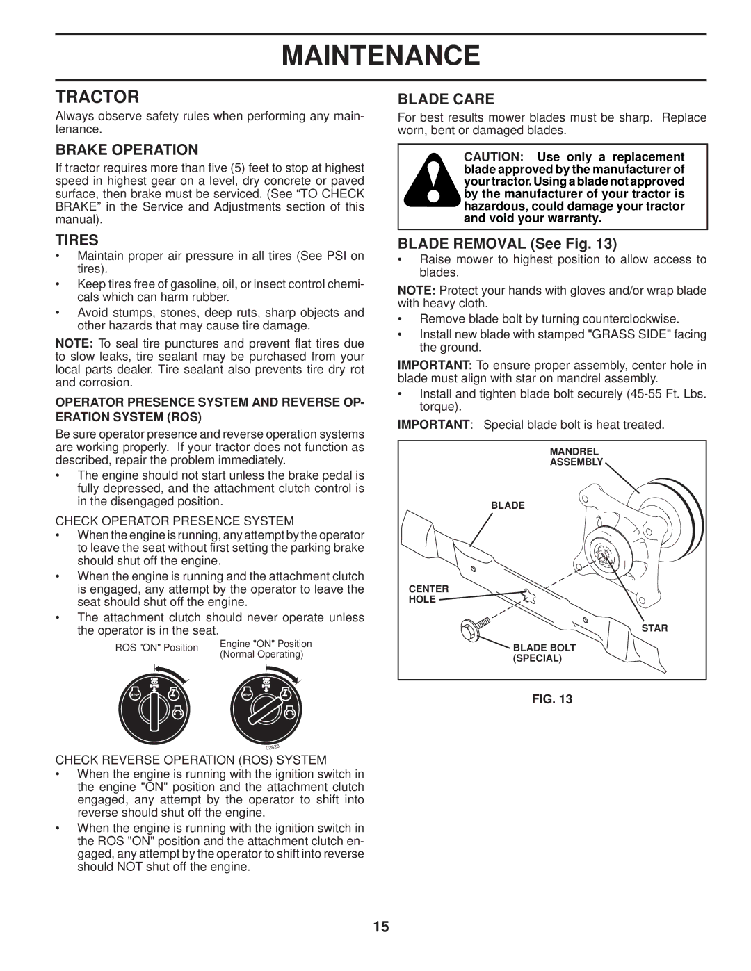 Husqvarna 2346 XLS manual Tractor, Brake Operation, Tires, Blade Care, Blade Removal See Fig 