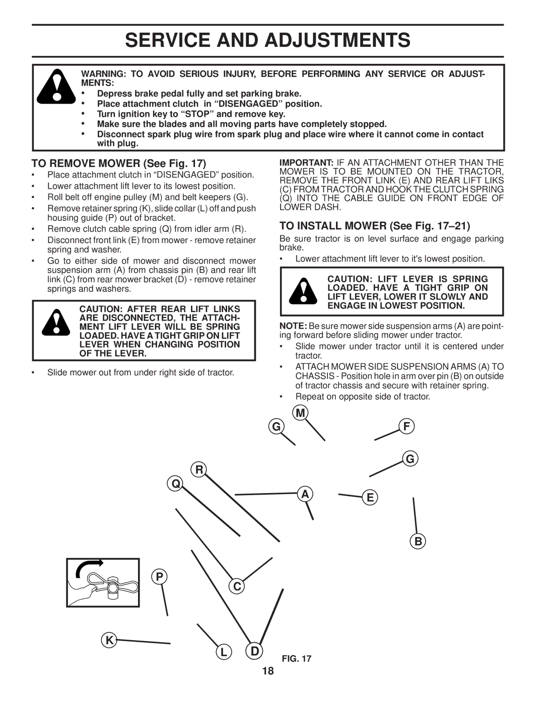 Husqvarna 2346 XLS manual Service and Adjustments, To Remove Mower See Fig, To Install Mower See Fig 