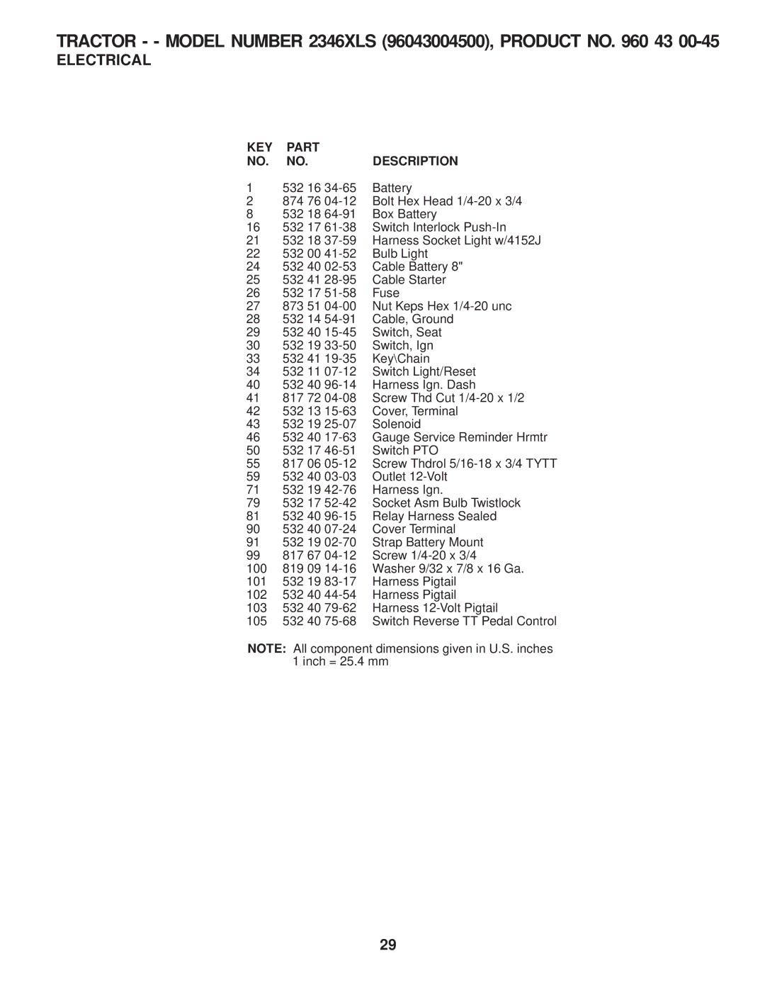 Husqvarna 2346 XLS manual KEY Part Description 