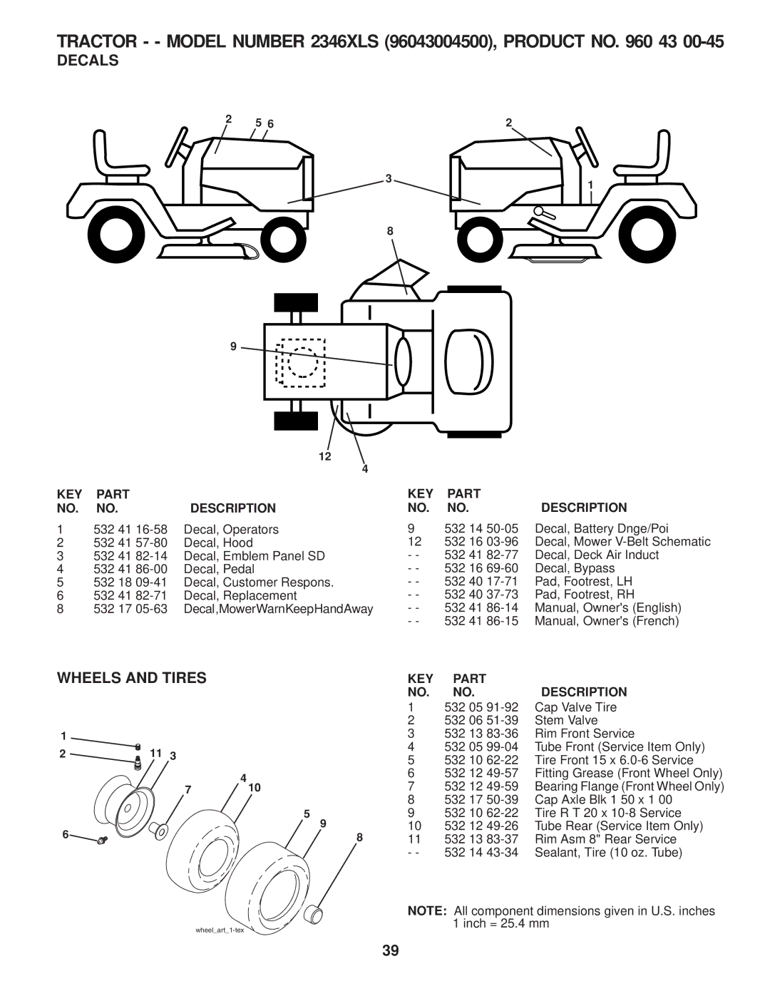 Husqvarna 2346 XLS manual Decals, Wheels and Tires 