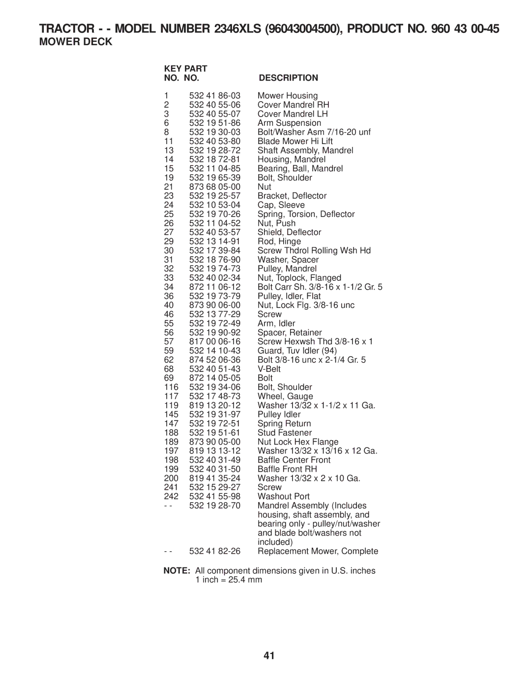 Husqvarna 2346 XLS manual KEY Part NO. no Description 