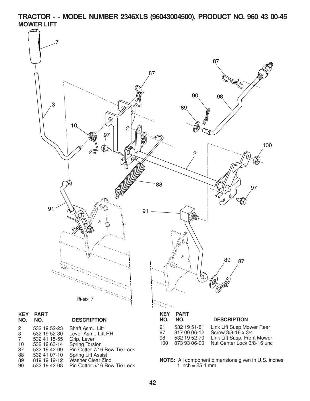 Husqvarna 2346 XLS manual Mower Lift, 532 19 51-81 Link Lift Susp Mower Rear 