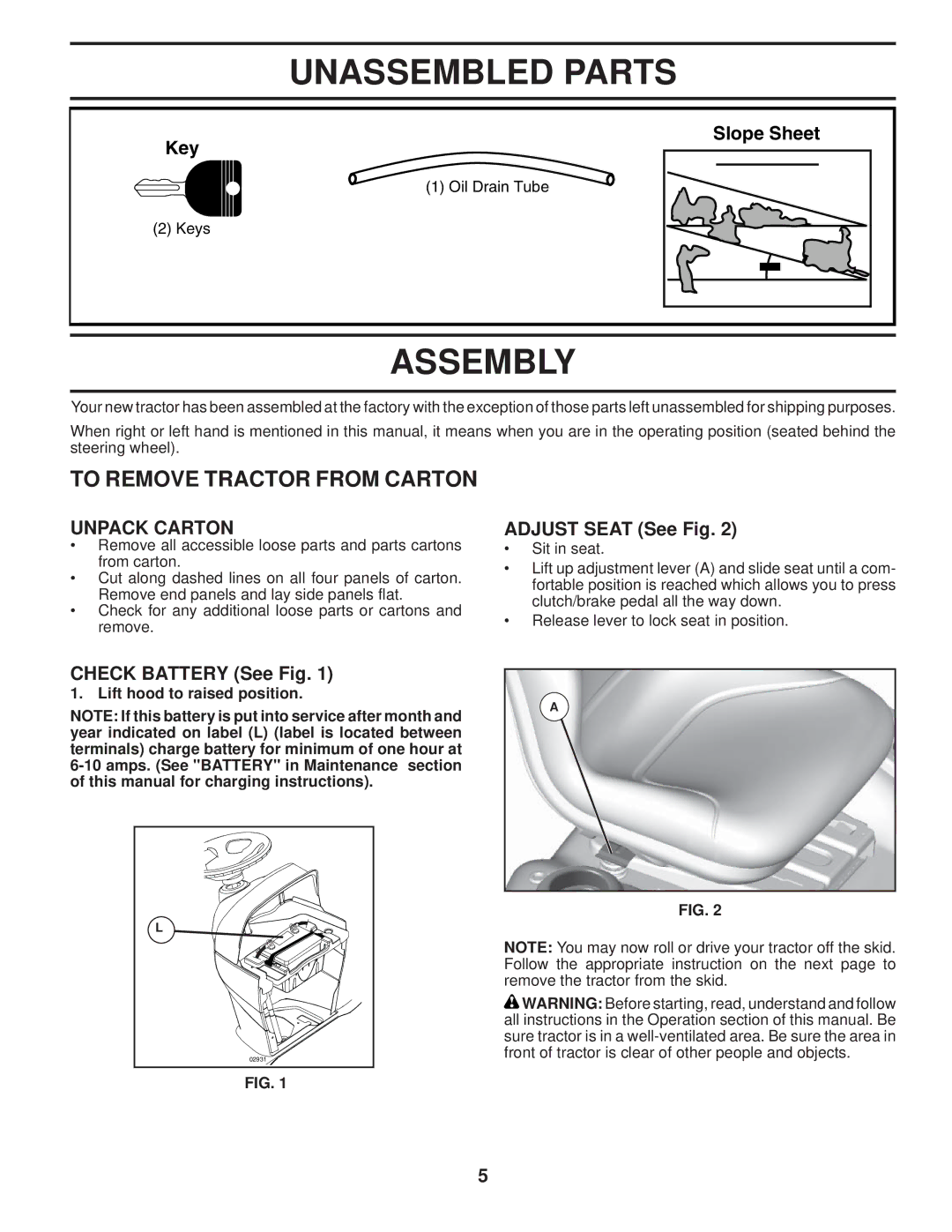 Husqvarna 2346 XLS manual Unassembled Parts, Assembly, To Remove Tractor from Carton, Unpack Carton 