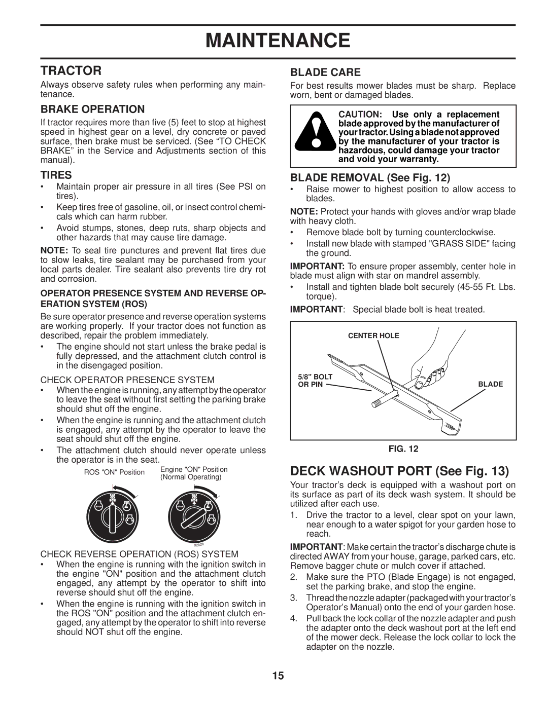 Husqvarna 2348 LS manual Tractor, Brake Operation, Tires, Blade Care, Blade Removal See Fig 