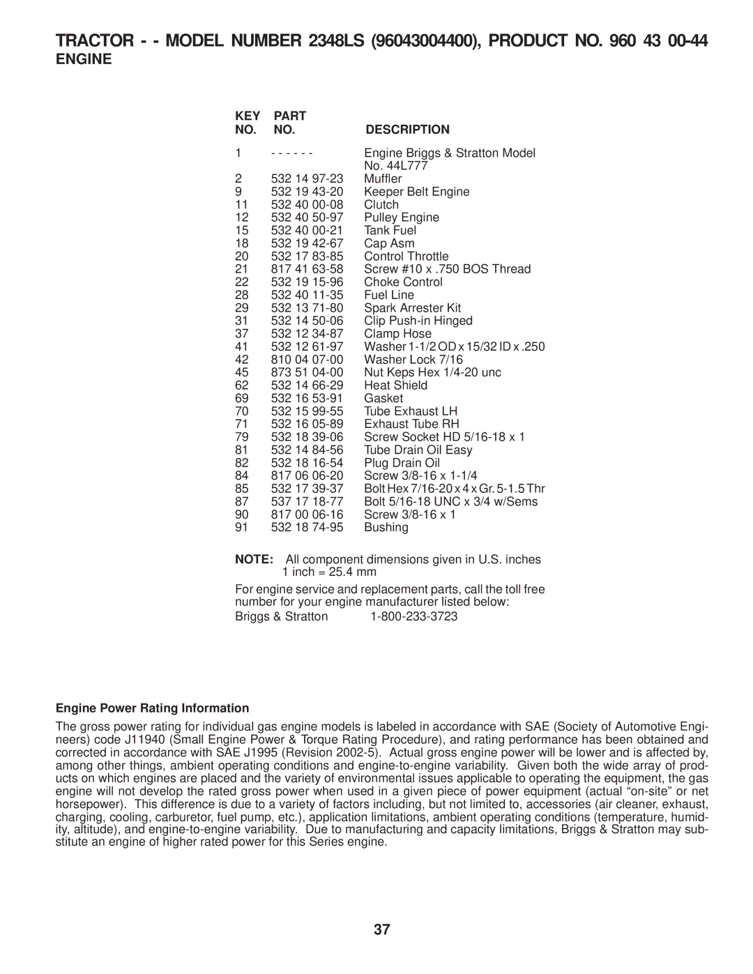 Husqvarna 2348 LS manual Engine Power Rating Information 