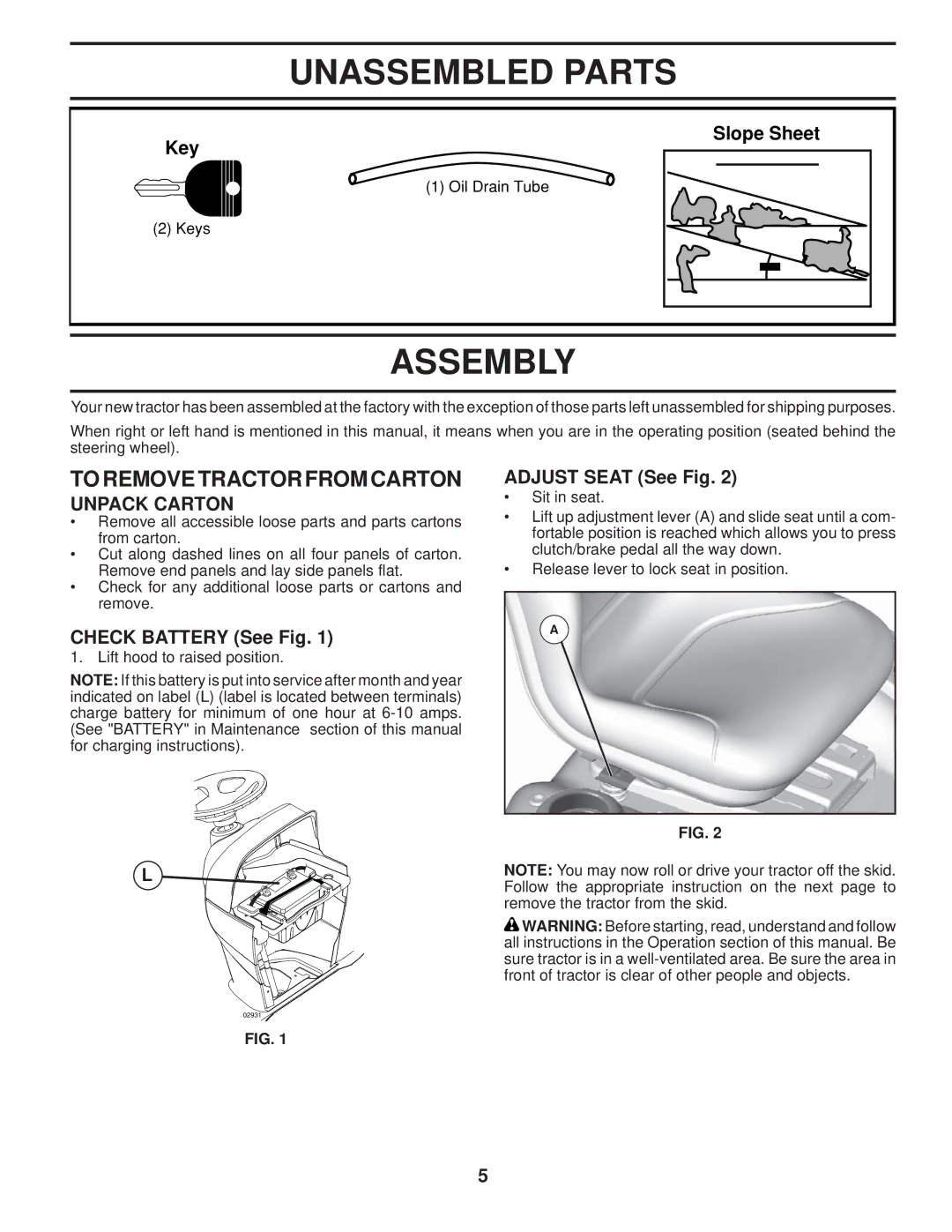 Husqvarna 2348 LS manual Unassembled Parts, Assembly, To Remove Tractor from Carton, Unpack Carton 