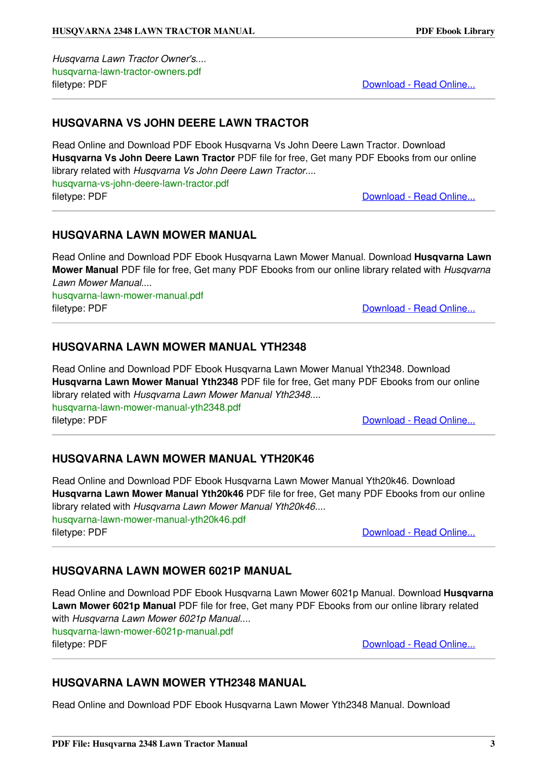 Husqvarna 2348 owner manual Husqvarna VS John Deere Lawn Tractor 