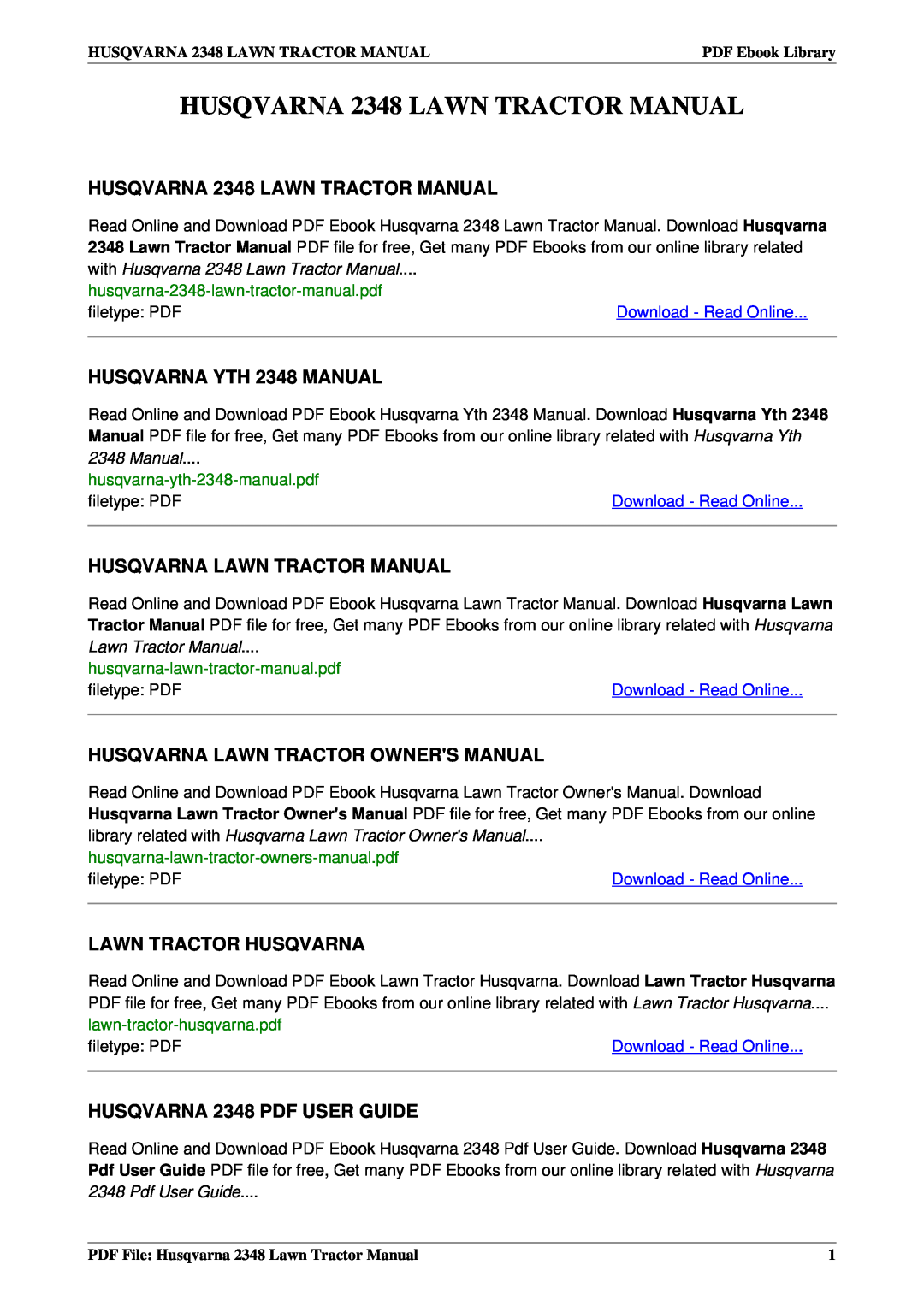 Husqvarna owner manual HUSQVARNA 2348 LAWN TRACTOR MANUAL, HUSQVARNA YTH 2348 MANUAL, Husqvarna Lawn Tractor Manual 