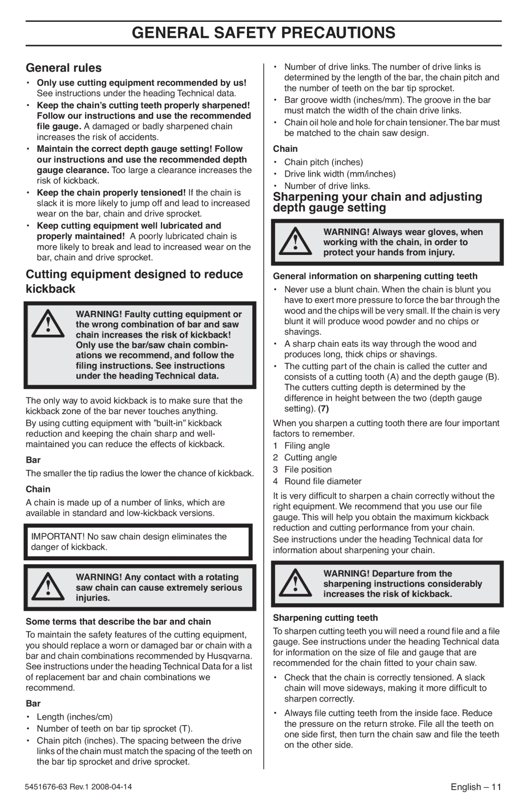 Husqvarna 240e, 235e manuel dutilisation General rules, Cutting equipment designed to reduce kickback, Bar, Chain 