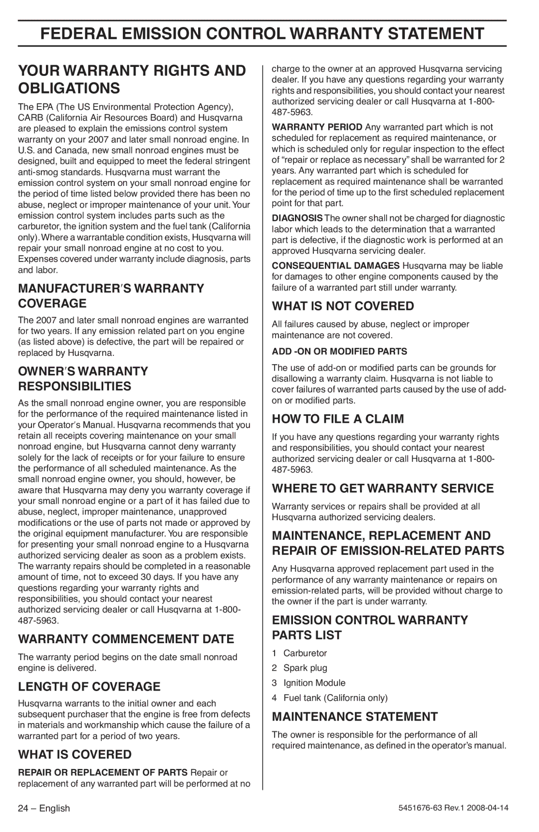 Husqvarna 235e, 240e manuel dutilisation Federal Emission Control Warranty Statement, Your Warranty Rights and Obligations 