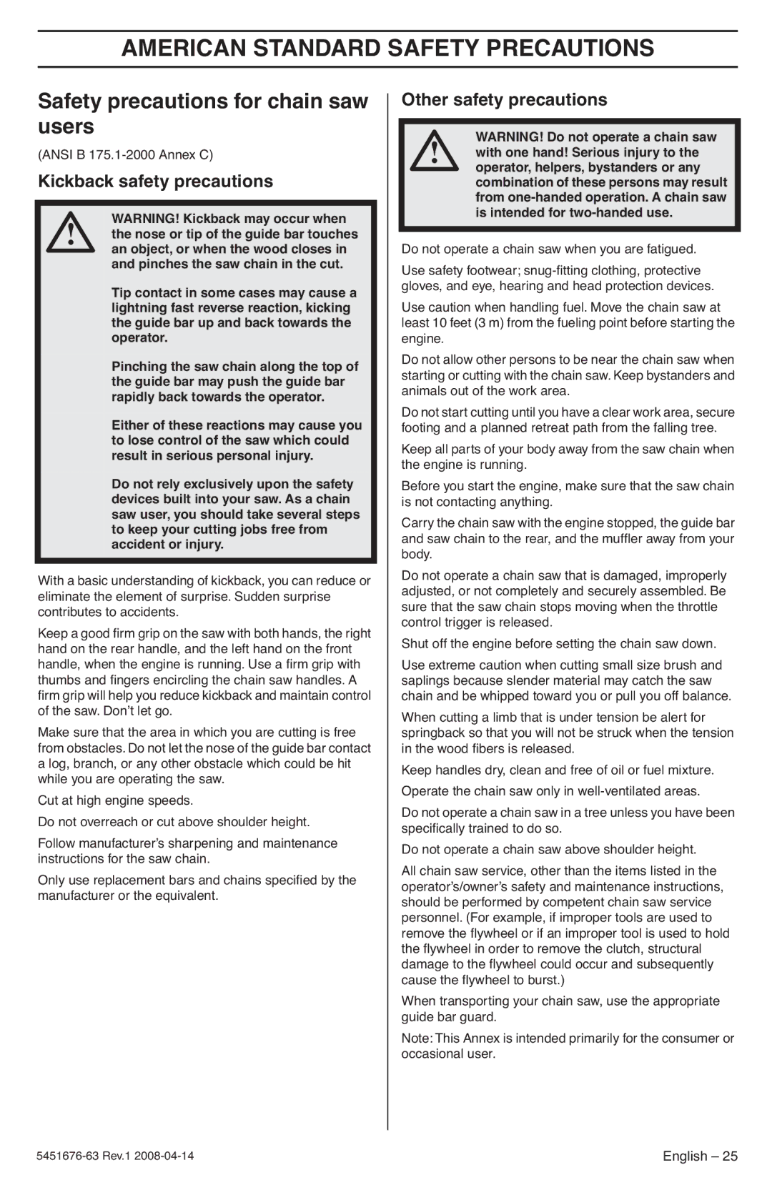 Husqvarna 240e American Standard Safety Precautions, Safety precautions for chain saw users, Kickback safety precautions 