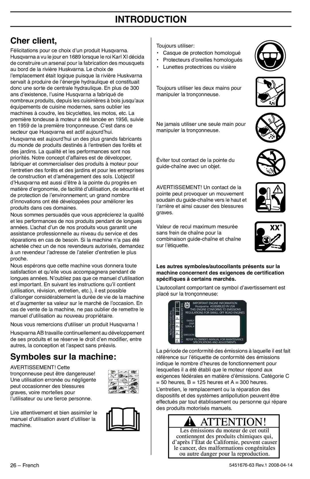 Husqvarna 235e, 240e Cher client, Symboles sur la machine, Nous vous remercions dutiliser un produit Husqvarna 