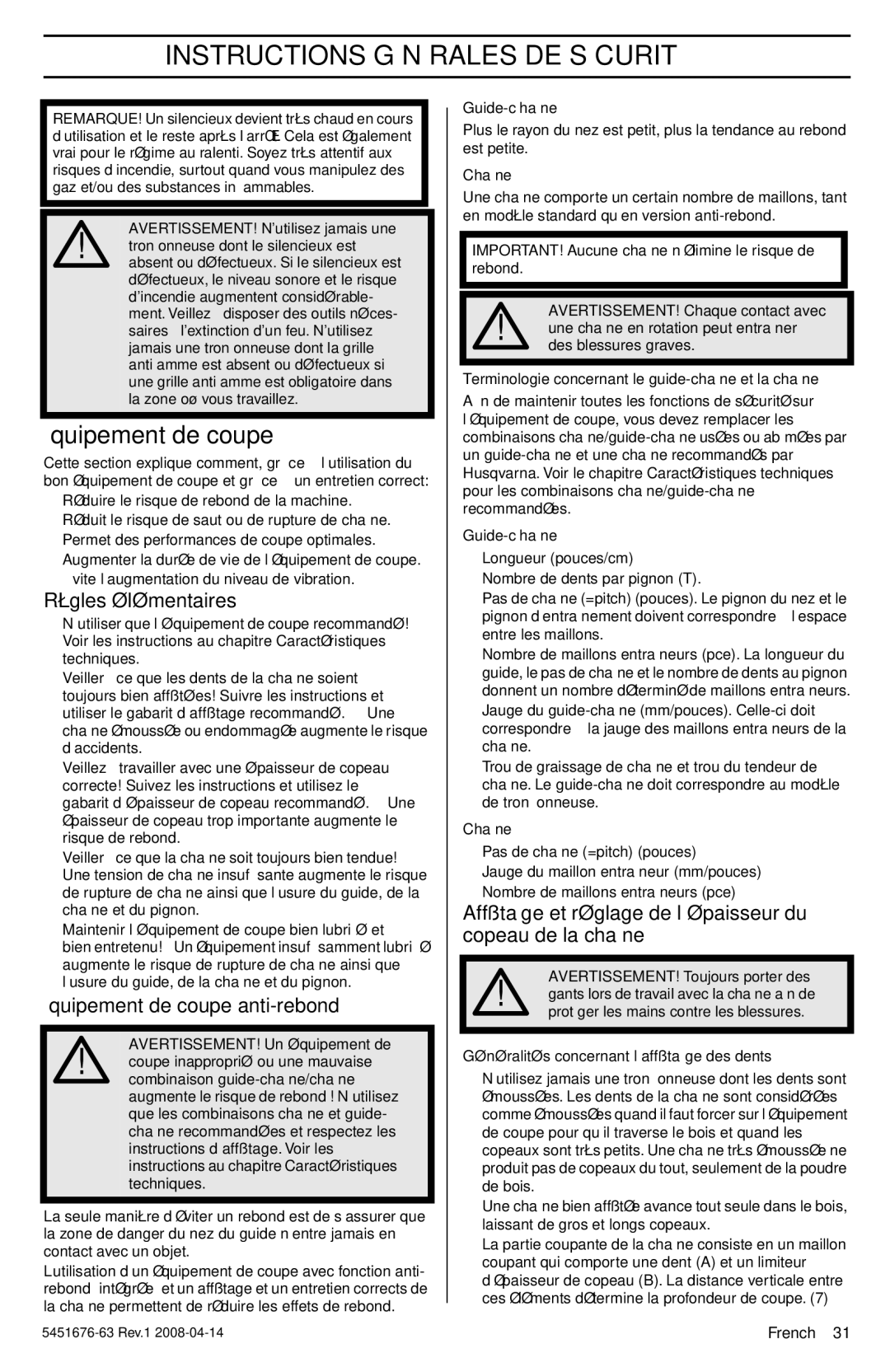 Husqvarna 240e, 235e manuel dutilisation Règles élémentaires, Équipement de coupe anti-rebond 